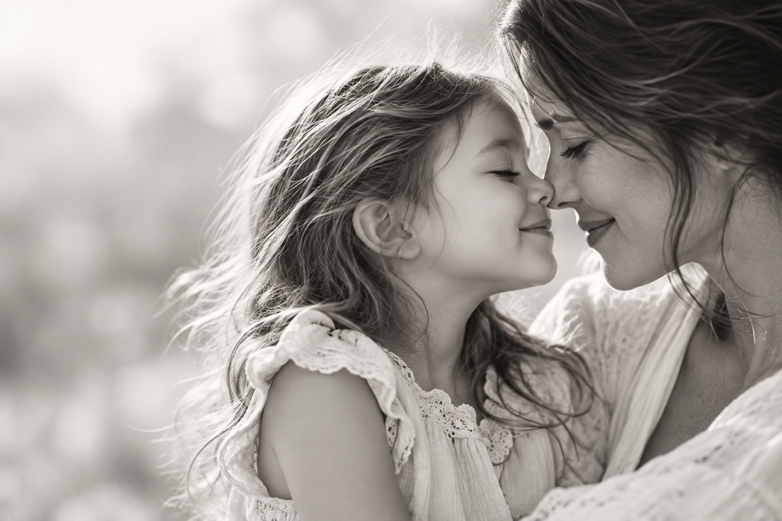 Black-and-white portrait of a mother and daughter touching noses with their eyes closed.