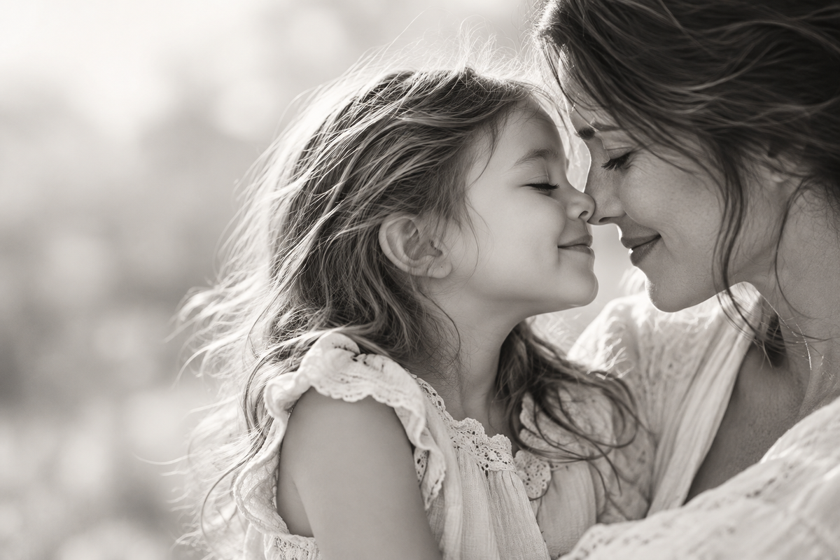 Black-and-white portrait of a mother and daughter touching noses with their eyes closed.